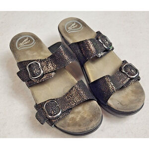 Dansko Sophie Black Gold Metallic Sandal Shimmer Platform 2 Inch Heel 39 8 1/2-9